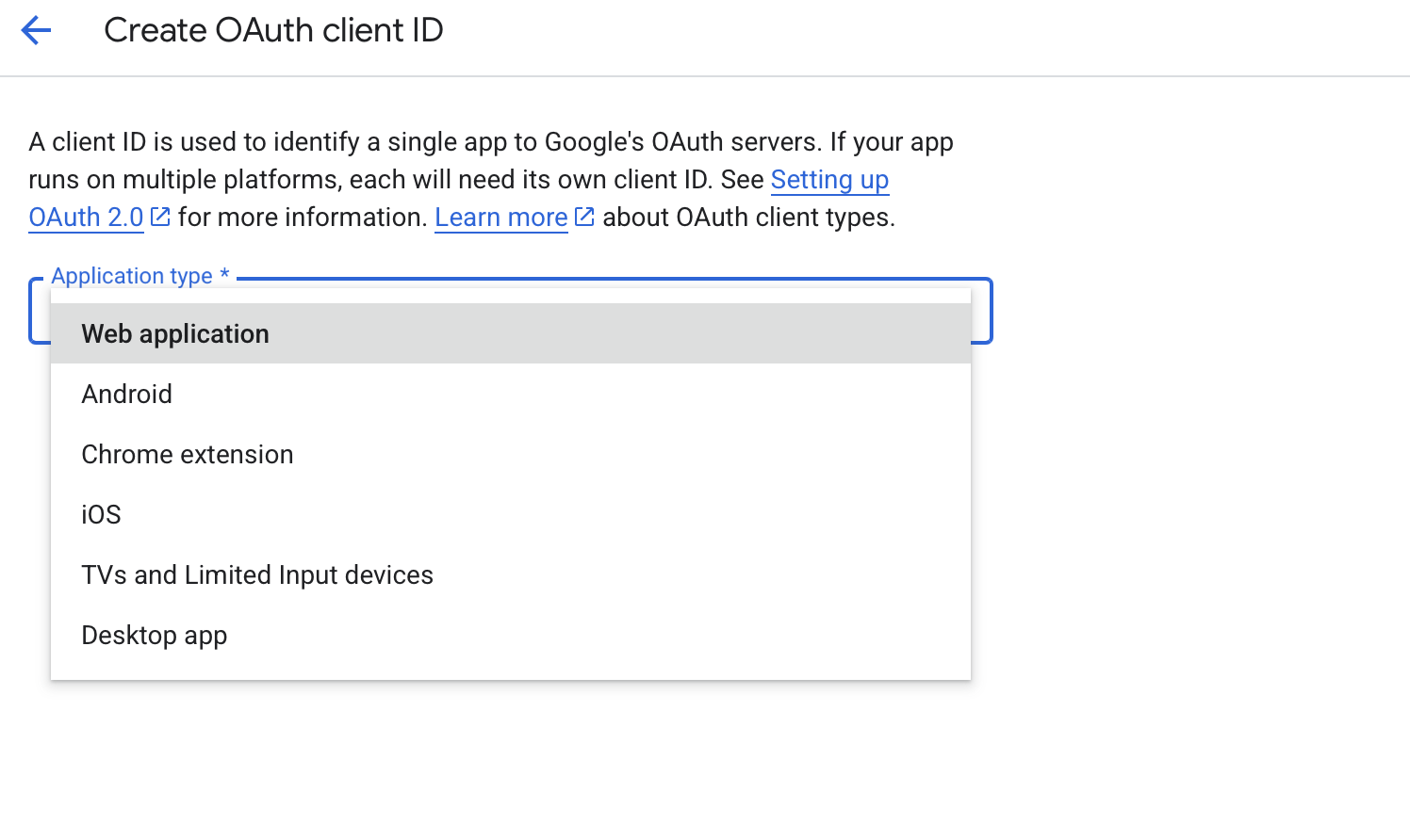 Google API console select application type